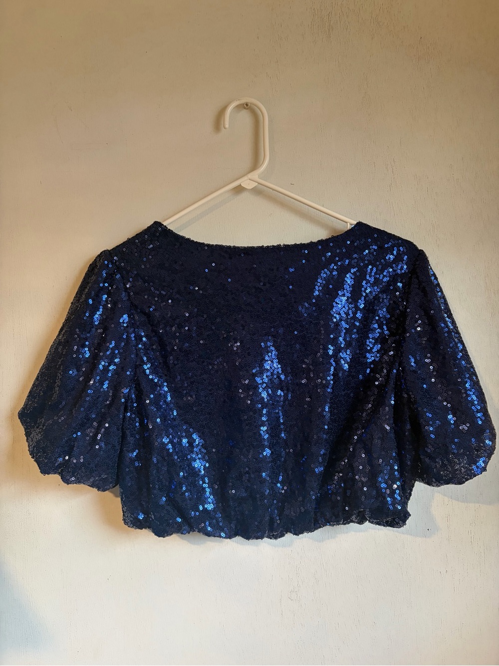 Navy Sequin Puff-Sleeve Crop Top